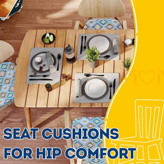 AAAAAcessories D-Shaped Chair Cushions, 2" Thick Dining Chair Pads with Ties and Removable, Machine-Washable Cover, 17" x 16", Set of 4, Geometric Blue