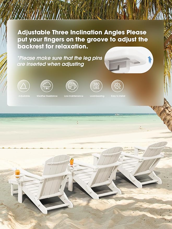 KINGYES Folding Adjustable Adirondack Chair with Retractable Ottoman Set of 6, HDPE All Weather Chair with Cup Holder - Recliner Adirondack Chair, White
