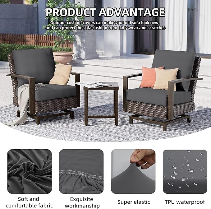 8Pcs Outdoor Cushion Covers, Patio Cushion Covers,Stretch Elastic Slipcovers, Replacement Washable & Reusable Furniture Protector for Patio Couch (Grey,Cover Only)