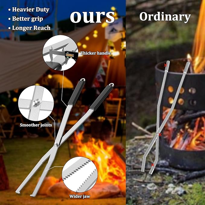 MOOFI Heavy Duty Fire Tong & Poker Set, Firewood Grabber 27.7" Long-Handle Carbon Steel Log with Serrated Grip Tong, Tools Sets For Fire Pit, Fireplace, Wood Stoves, Campfires, Bonfires & BBQ Grills