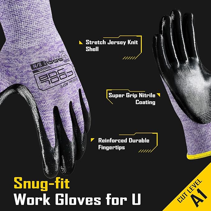 COOLJOB 10 Pairs Nitrile Dipped Rubber Coated Safety Work Gloves with Grip, Non-slip Bulk Gardening Roofing Gloves for Ladies Women, Oil-resistant Gear for Package Handler, Warehouse Worker, Large
