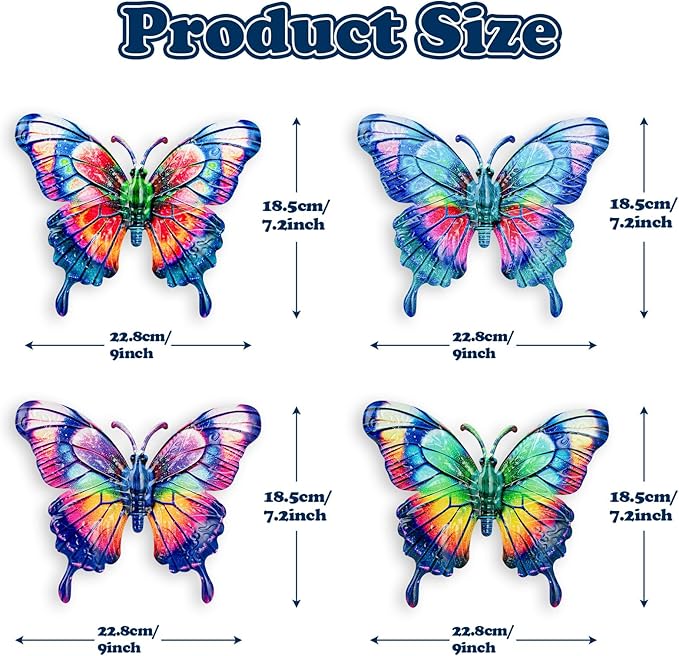 SUNREEK 4Pcs Metal Butterfly Wall Decor, 9 Inches Butterfly Outdoor Wall Art for Fence Garden Yard Room Patio Balcony