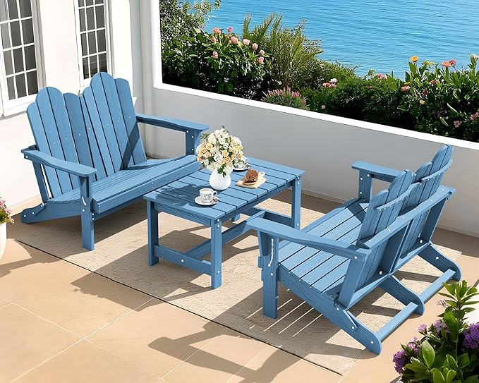 SERWALL 3 Pieces Patio Adirondack Bench Set, 2 Folding Adirondack Bench and 1 Coffee Table Set for Front Porch Garden Balcony Backyard, Navy