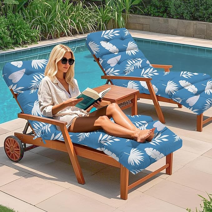 Outdoor Chaise Lounge Chair Cushion 75.1 x 22.8 x 4.7 Inches 100% Waterproof Replacement Cotton Patio Pool Lounge Chair Cushion for Outdoor Furniture with Ties, Blue Leaf