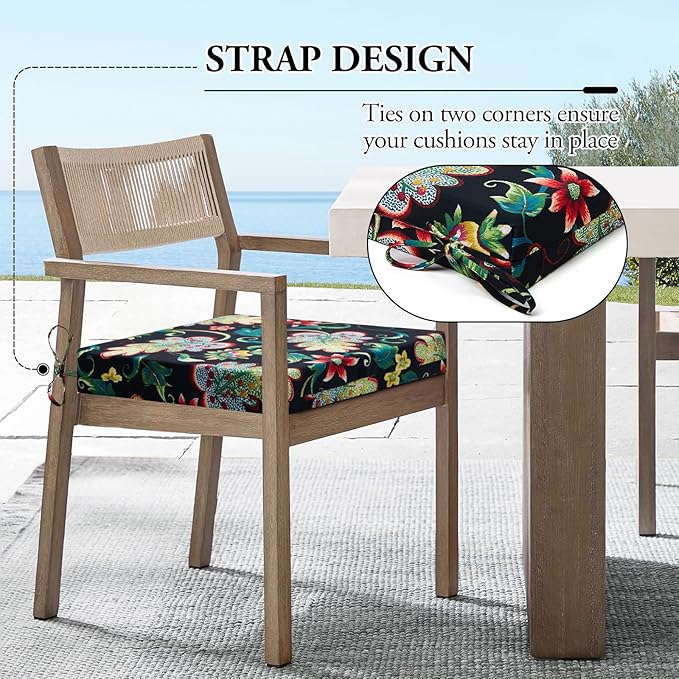 Wellsin Outdoor Chair Cushions for Patio Furniture - Outdoor Cushions for Chairs - Water Resistant Patio Chair Cushions Set of 4, 18.5"X16"X3", Flower Black
