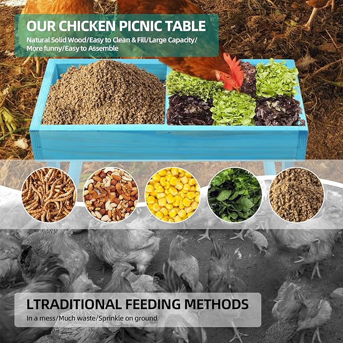 Chicken Picnic Table, Chicken Feeder No Waste Handmade Wooden, Large DIY Chicken Feeder Kit, Wild Bird, Duck & Squirrel Feeders, Mesh Bottom Keep Food Fresh and Dry Easy to Clean and Fill（Blue Paint）