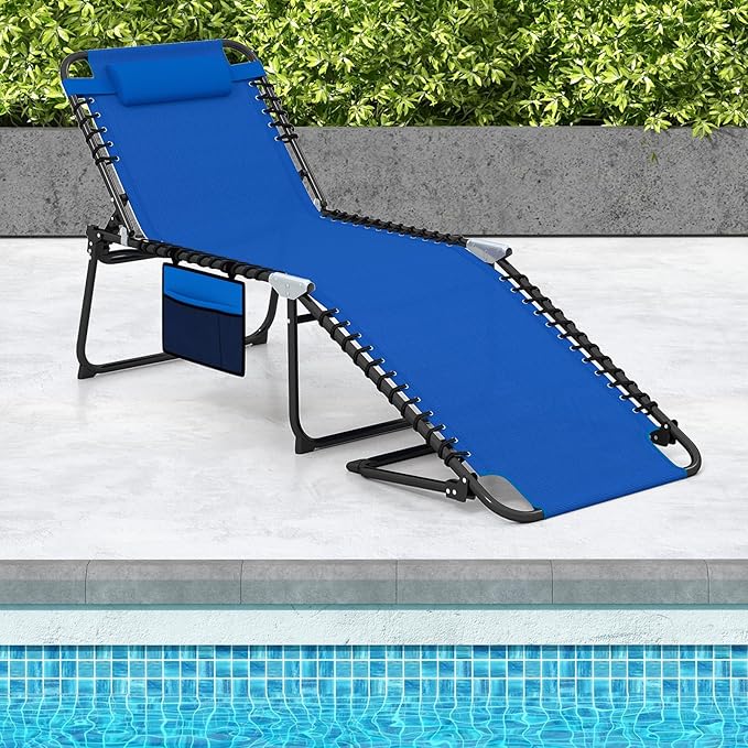 GYMAX Lounge Chair for Outside, 440lbs 27” Oversize Folding Beach Tanning Sunbath Chair with Adjustable Backrest & Removable Pillow, Lightweight Portable Patio Lounger for Lawn Poolside (Blue,2)