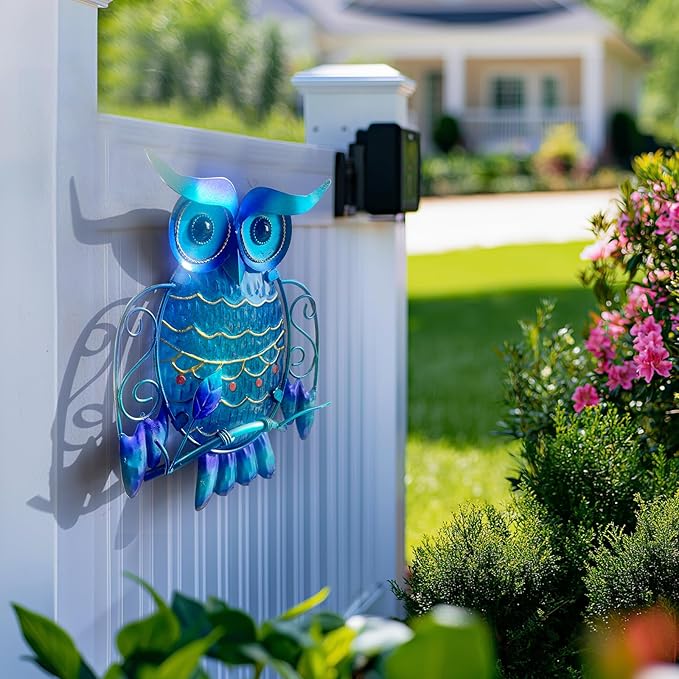 LIFFY Metal Owl Wall Decor - Cute Colorful Outdoor Wall Art - Glass Hanging Garden Decor for Patio, Porch or Door, Owl Gifts for Women