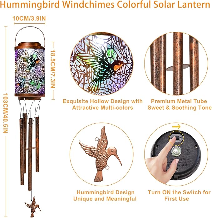 Hummingbird Solar Wind Chimes for Outside, Solar Lanterns Gifts Outdoor Waterproof Garden Lights for Balcony, Porch, Backyard, Birthday Gifts for Mom Grandma Wife (1Pack)