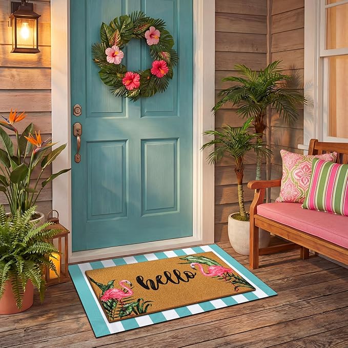 Tinideya 2 Pcs Door Mat Welcome Non Slip Coir Mats Floor Layering Doormats Seasonal for Front Porch Entryway Decor (Hello Flamingo)