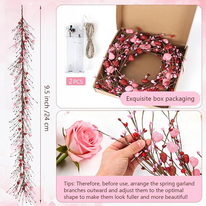 6.5 Ft Valentine's Day Berry Garland Twig Red Pink Berry Glitter Hearts Garland with LED Lights Artificial Vine for Valentines Wedding Anniversary Fireplace Mantel Table Home Wall Indoor Party Decor