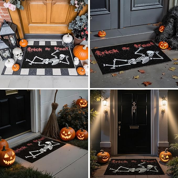 Skeleton Front Door Mat Indoor Outside Entrance, Heavy Duty Dirt Trapper Doormat with Non Slip Backing Entryway Mat for Front Back Door, 24'' x 36'', Skeleton Black