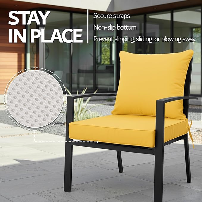 22x22 Inch Patio Chair Cushions Set of 4, Outdoor Furniture Cushions - Removable Cover, Water-Repellent, Fade-Resistant, Non-Slip Bottom & Straps, Replacement for Lawn, Porch & Deck Chair - Yellow