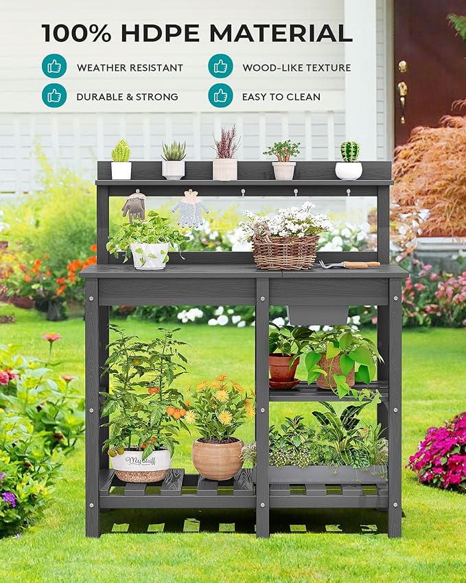 SERWALL Outdoor Potting Bench with Removeable Sink,Rot-Resistant HDPE Potting Table for Outside Gardening, All Weather Use - Gray