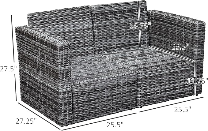 Outsunny 2 Piece Patio Wicker Corner Sofa Set, Outdoor PE Rattan Furniture, with Curved Armrests and Padded Cushions for Balcony, Garden, or Lawn, Gray