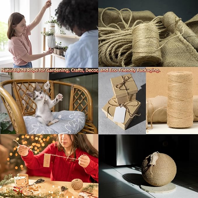 4 Pcs 1312.336 Feet 2mm Brown Jute Twine String - 3 Ply Natural Garden Twine for Plants, Crafts, Gift Wrapping, Packing - Heavy Duty Plant Ties for Tomatoes, Climbing Plants, DIY Projects