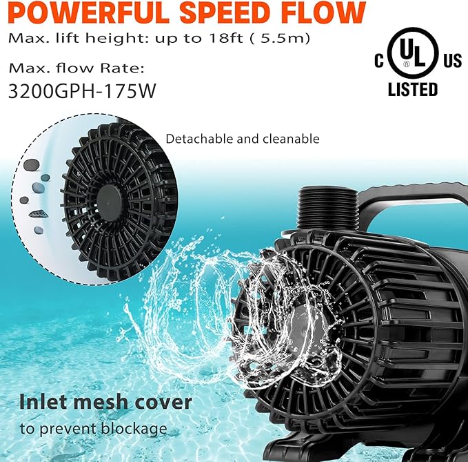 WaterRebirth (3200GPH-175W,UL listed) High Flow Large Fountain Submersible Water Pond Sump Pump Aquarium Electric Waterfall Pump Outdoor PS-3200 (Pack of 2)