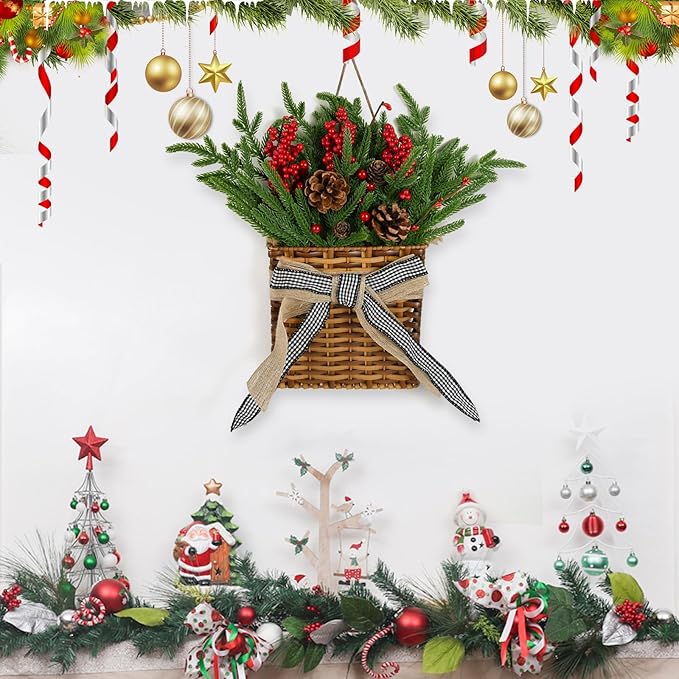 Christmas Door Hanger Basket Wreath, Artificial Hanging Basket Wreath for Front Door Norfolk Pine Wreathes with Red Berries & Pine Cones for Christmas Farmhouse Indoor Outdoor Decoration