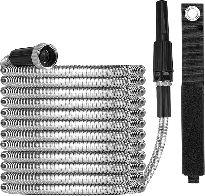 75ft Garden Hose Made by Metal with Super Tough and Soft Water Hose, Household Stainless Steel Hose, Mighty Garden Hose with Adjustable Nozzle, No Kinks and Tangles, Easy to Store with Storage Strap