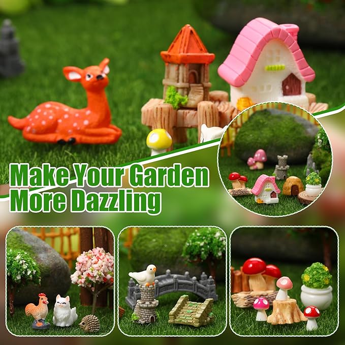 65 Pcs Fairy Garden Accessories Mini Resin Animals Figures Miniature Table and Chairs Bridge Mushroom Pond Fence Moss Bonsai Landscape Ornaments Kit for Garden DIY Craft