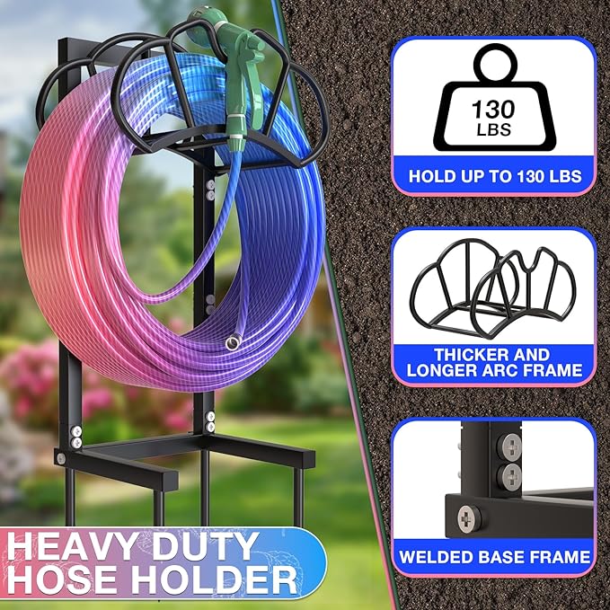 New Garden Hose Holder, Super Stable Water Hose Holders Stand Holds 160-Feet Hose, Rustproof Freestanding Hose Storage Hanger Rack for Outside Yard Lawn Farm, Black