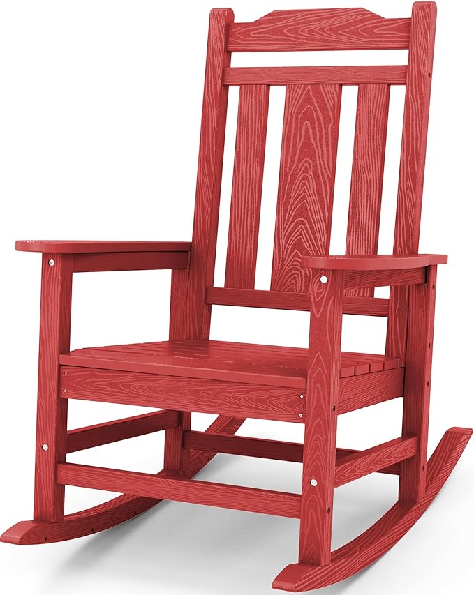 SERWALL Oversized Rocking Chair Outdoor, HDPE Outdoor Rocking Chair, Red