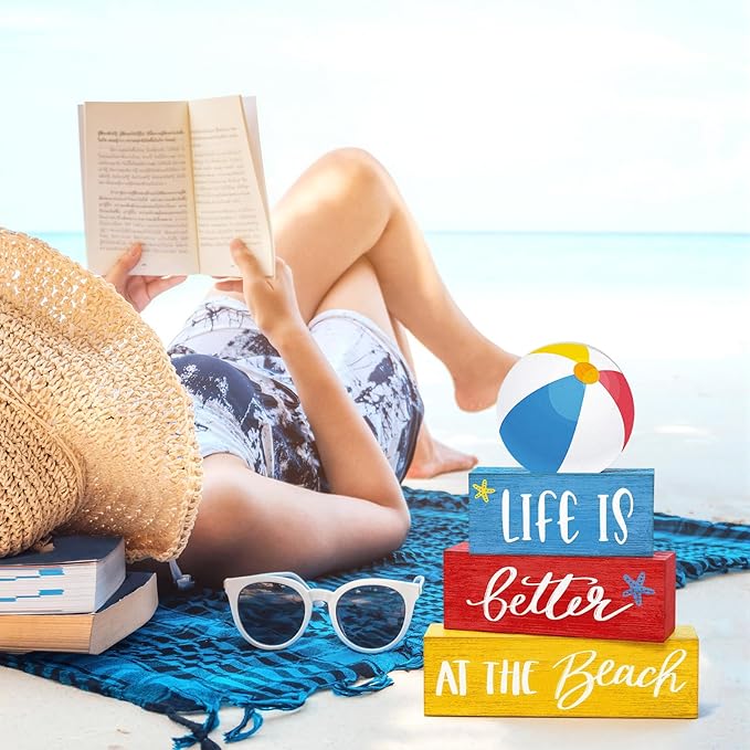 4 Pcs Summer Table Decor Rustic Beach Ball Wooden Signs Life Is Better at The Coastal Tiered Tray Decor Farmhouse Summer Centerpieces for Tabletop Home Office Desk Shelf Pool Party Decorations