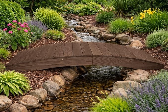 8 FT WALNUT Amish Made Pinewood Heavy Duty Garden Bridge for Walkway, Backyard Pond & Landscaping, Outdoor Wooden Footbridge for Koi Pond, Japanese Style Decorative Bridge, Made in USA