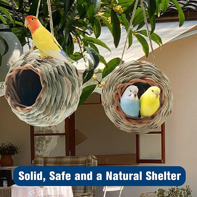 WDEFUN Humming Bird Houses for Outdoor Hanging, Natural Grass Bird Hut,Hand Woven Hummingbird Nest,Wren Finch Bird House for Garden Window Outdoor Home 2 Pack