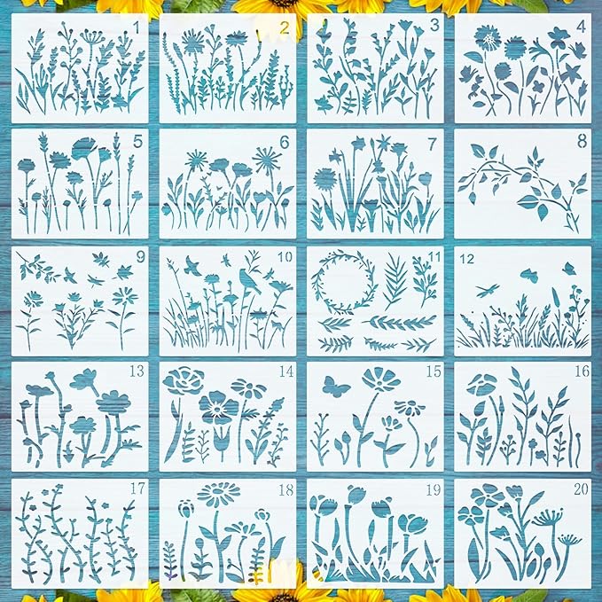 20 PCS Wildflower Stencils for Painting, 6 x 4.7 Inch Reusable Plastic Plant Templates for Painting on Wood Wall, Flowers Leaf Stencils Set for Rock Canvas Drawing Art Tile Home DIY Craft Decor