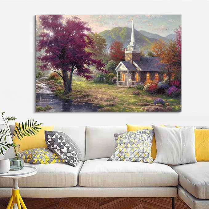 STUDIO HAVEN Thomas Kinkade Canvas Wall Art, Stone Chapel Flowing Stream Colorful Trees and Morning Light Serene Oil Painting Poster Landscape Wall Decor, Framed Prints for Home Decor, 40x28Inch