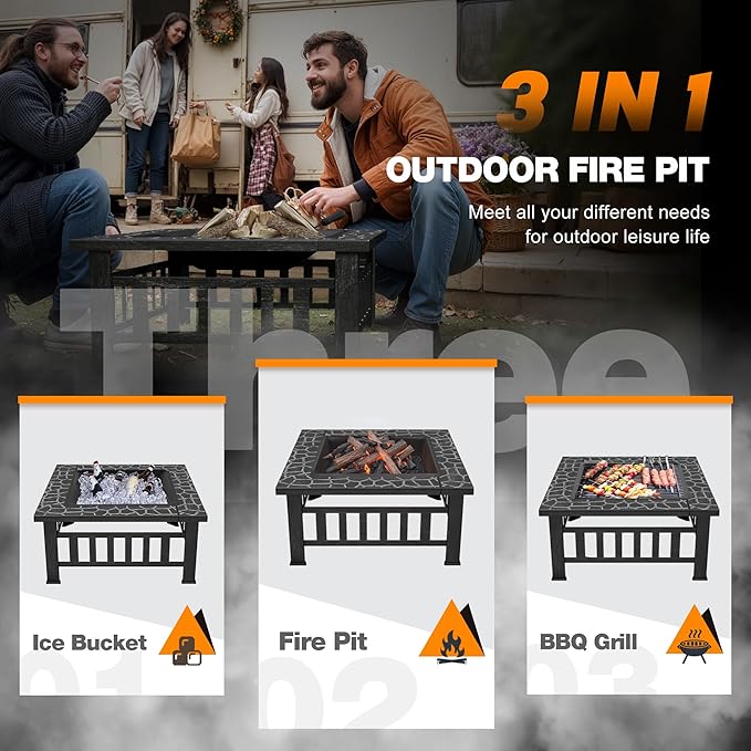 Devoko Outdoor Fire Pit, 32 Inch Firepit Table Metal Outdoor Fireplaces with Waterproof Cover for Outside Patio Camping (Silver)
