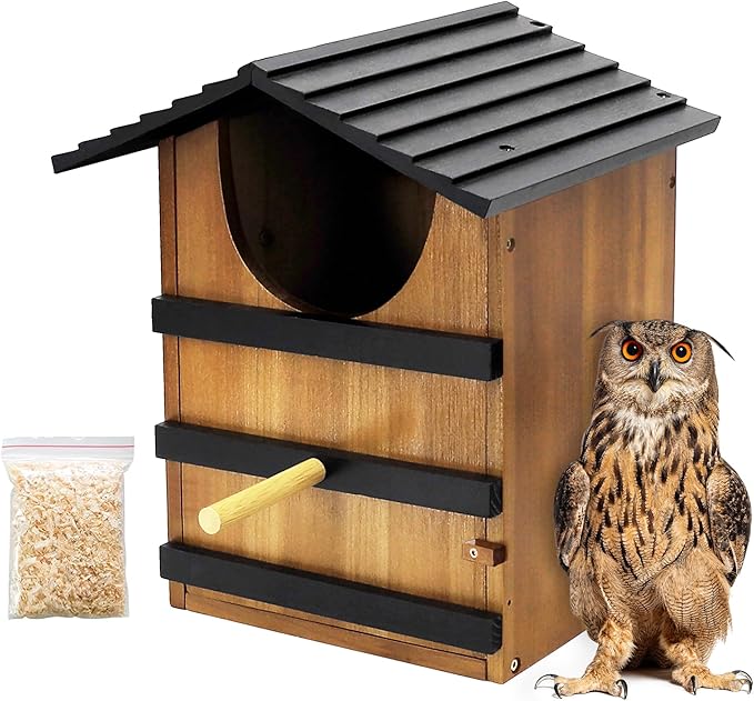 KOOPRO Screech Owl House for Outdoors, Large Barn Owl Nesting Box Wooden Bird House for Outside with Shavings Bird House, 14.5×9.4×7.8 Inches Easy Assembly Required