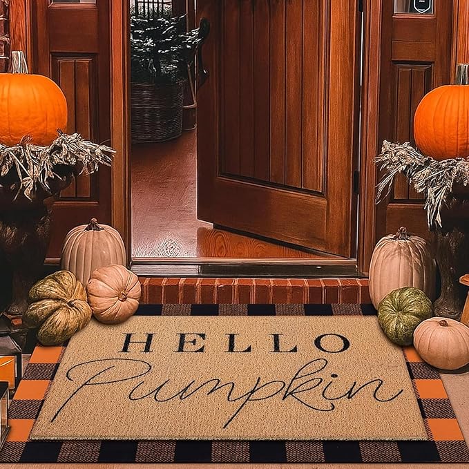 Tinideya 2 Pcs Fall Door Mat Thanksgiving Hello Pumpkin Welcome Non Slip Coir Mats Black Orange Buffalo Plaid Floor Layering Doormats Seasonal for Front Porch Entryway Decor(Black Orange)
