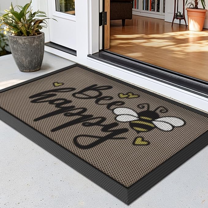 LUMI Outside Welcome Door Mat 17x30, Non Slip Durable Rubber Entrance Doormat, Low Profile Easy Clean Mats for Front Back Door Entryway Porch Garage, Bee Happy
