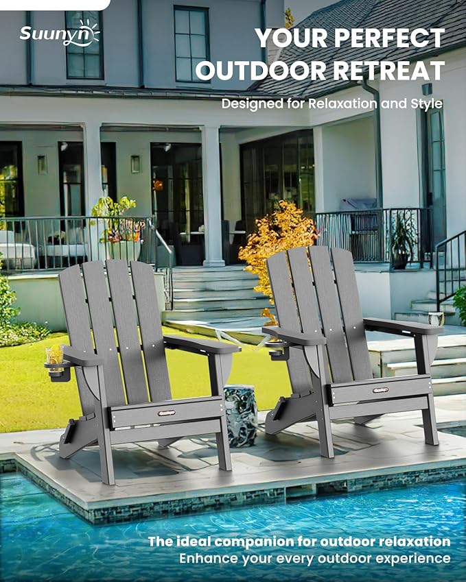 Folding Adirondack Chair 4 Pack, HDPE All-Weather Fire Pit Chairs, Plastic Adirondack Chairs with 2 Cup Holder, Outdoor Lawn Chair for Patio Garden (Grey)