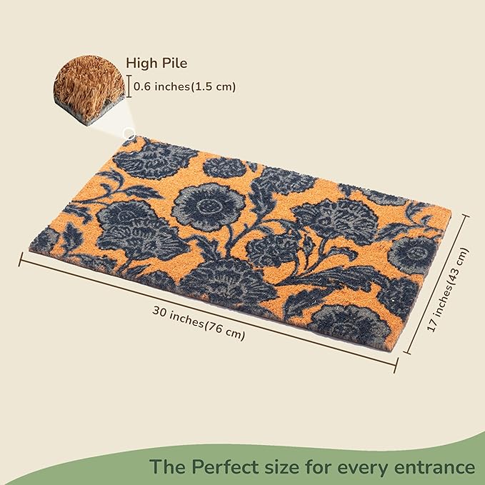 Coir Door Mat, Floral Print Entryway Floor Mats with Non-Slip PVC Backing, Indoor Outdoor Mat for Front Door Decor, Door Mat, Welcome Mats with Chelsea Flower Print, Blue, 30”x 17”