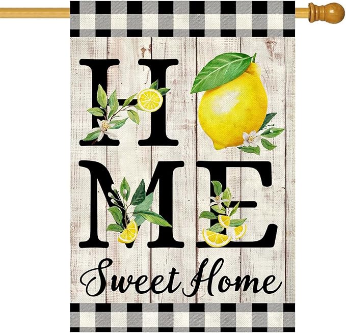 ORTIGIA Summer Lemon House Flag 28 x 40 Inch Double Sided Burlap Home Sweet Home Yellow Fruit Yard Flag Holiday Spring Farmhouse Seasonal Outdoor Outside Decoration (Large)