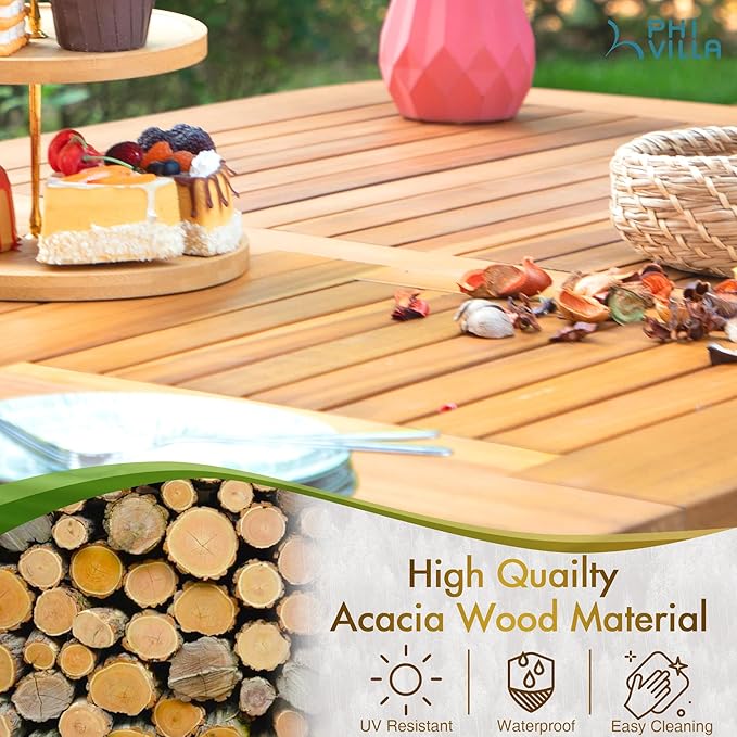 PHI VILLA 7 PCS Acacia Wood Outdoor Dining Set for 6, Expandable Teak Wooden Table & Chairs with Cushions, Farmhouse Dining Furniture Set for Patio, Deck, Yard
