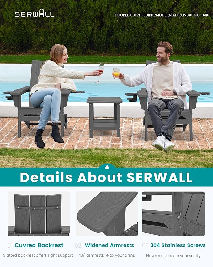 SERWALL Outdoor HDPE Adirondack Chair Set 8，Folding Adirondack Chair with Cup Holders, All Weather Resistant Modern Adirondack Chair, Gray