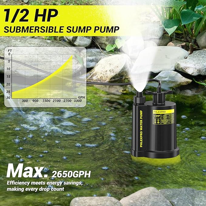 1/2HP Automatic Submersible Water Pump,110V Sump Pump Submersible with 3/4” Garden Hose Check Valve Adapter,2650 GPH Water Removal for Swimming Pool Cover Hot Tubs Flooded House Basement