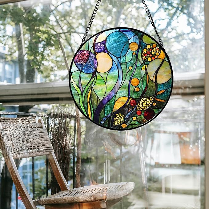 Stained Glass Window Hanging Blue Ocean Water Plants Flower Large 15" - Suncatcher Door Garden Sun Catcher Home Decor Birthday Christmas for Mom Men Woman Nana Friend