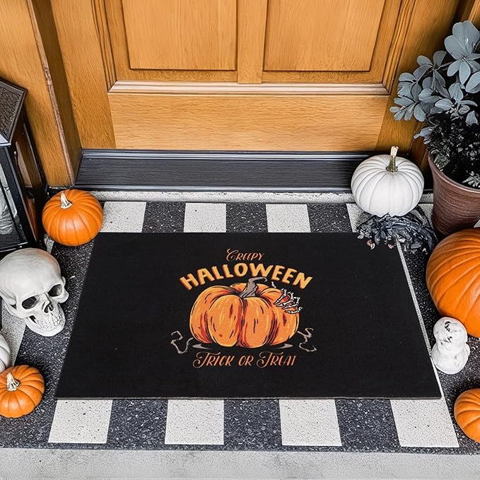 Pumpkin Front Door Mat Indoor Outside Entrance, Heavy Duty Dirt Trapper Doormat with Non Slip Backing Entryway Mat for Front Back Door, 17'' x 30'', Pumpkin Black