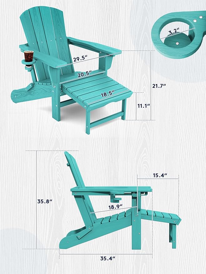 KINGYES Folding Adjustable Adirondack Chair with Retractable Ottoman Set of 6, HDPE All Weather Chair with Cup Holder - Recliner Adirondack Chair, Aruba