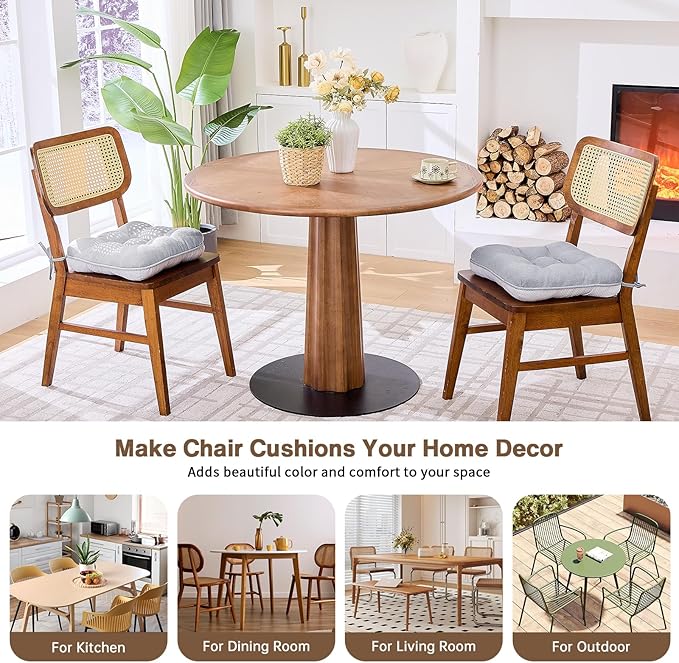 BETU Chair Cushions for Dining Chairs Set of 2,3.5" Thick Kitchen Table Chair Pads with Ties,Non Slip Backing and Covers, Seat Cushion for Dining Room,Bar,Patio Chairs,16"X16"X3.5",Light Grey