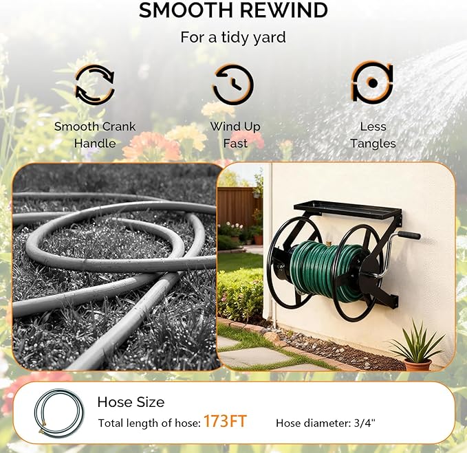 VINGLI Garden Hose Reel, Wall Mount Water Hose Reel for Garden Outside with Heavy Duty Space Saving Rolling Design Metal, 175FT Capacity for 3/4" Hose for Outdoor Use (Black)