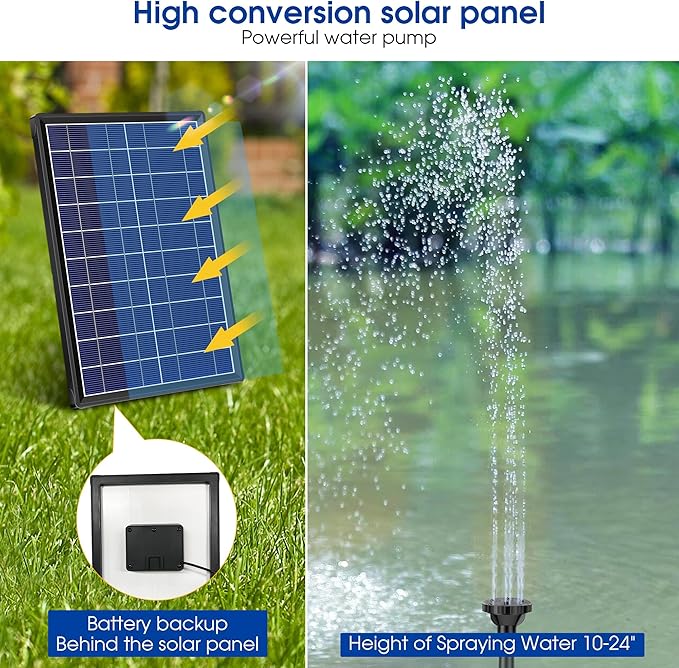 Biling 5.5W Solar Fountain for Bird Bath, DIY Solar Water Pump with 3000mAh Battery Backup Work All Day, 5ft Tubing 5 Nozzles for BirdBath, Small Pond, Fish Tank and Hydroponics
