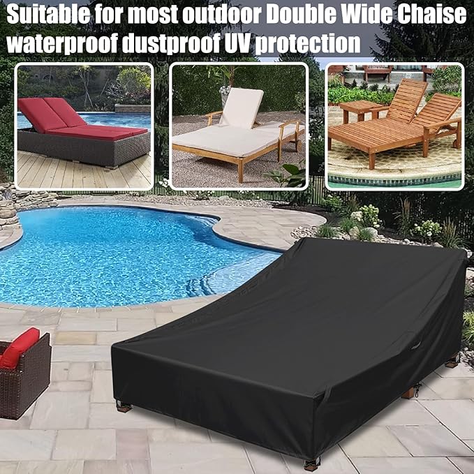 Double Lounge Chair Cover 100% Waterproof Outdoor Chaise Lounge Cover 600D Weather Resistant Material, UV Protection, Windproof Design Double Wide Patio Lounge Chairs Covers (Black)