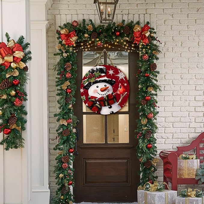 Snowman Xmas Door Sign Cardinal Snowflakes Door Hanger for Porch Wall Decor Winter Holiday Christma Outdoor Hanging Sign
