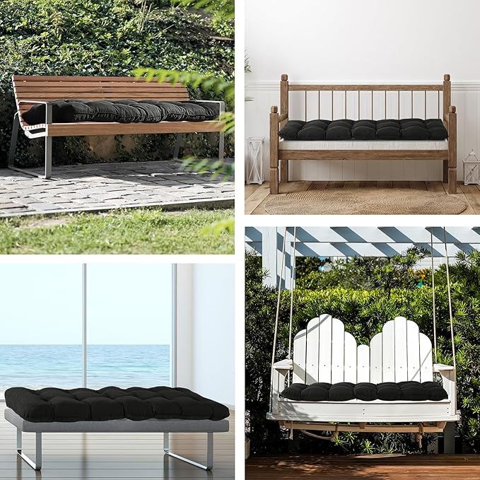 Outdoor Bench Cushion, 48x18x5 Inch, Waterproof Bench Cushion for Outdoor/Indoor Furniture, Tufted Patio Bench Seat Cushion, Fade Resistant Outdoor Cushions for Porch Swing Couch, Black